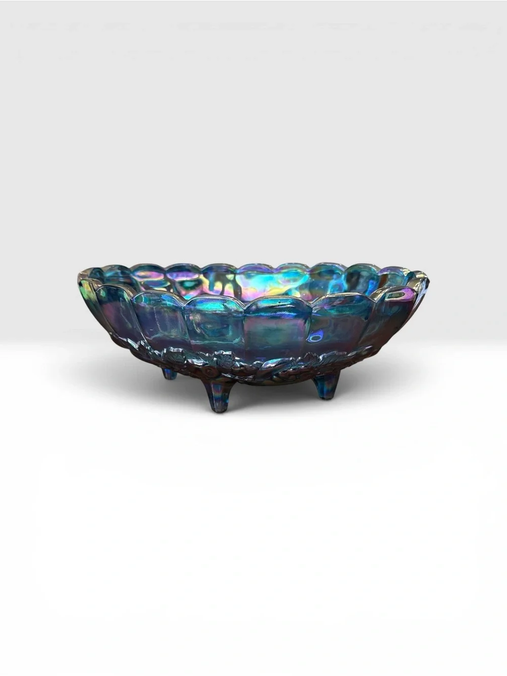 Vintage Indiana Glass Blue Carnival Glass Harvest Grape Footed Oval Bowl